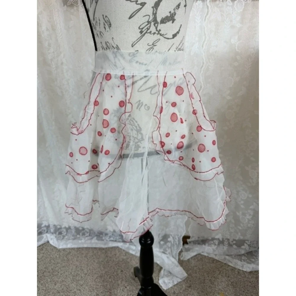 Vintage 50s Sheer White Organza Half Apron Red Polka Dot Ruffle Trim Pockets